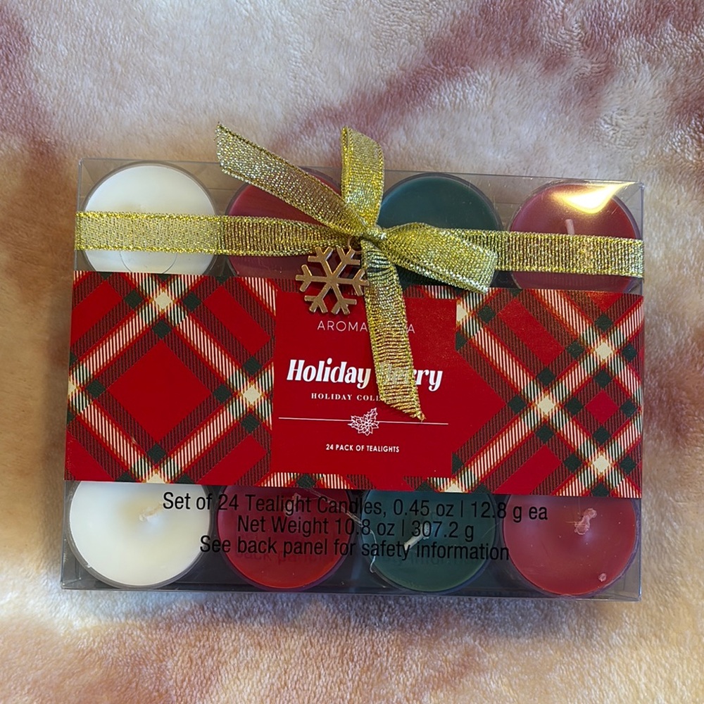 Aroma Villa Scented Holiday Berry Tealight Candle Set 24 Red Green White NWT